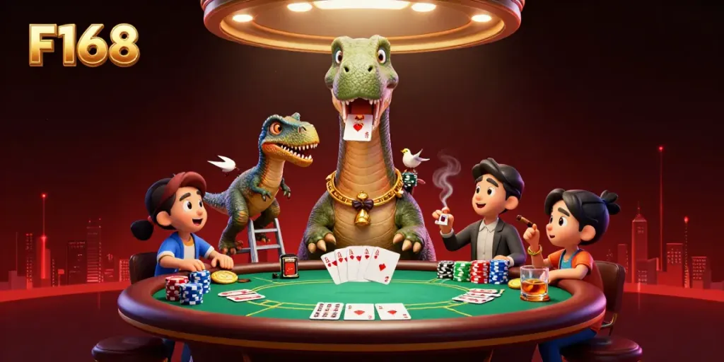 Play F168 casino games with an oversized brontosaurus as a lively dealer and vibrant poker elements.