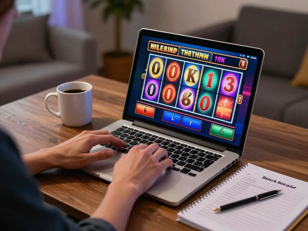 Engaging with slot 10k game on laptop, showcasing an online casino experience in a cozy home office setting