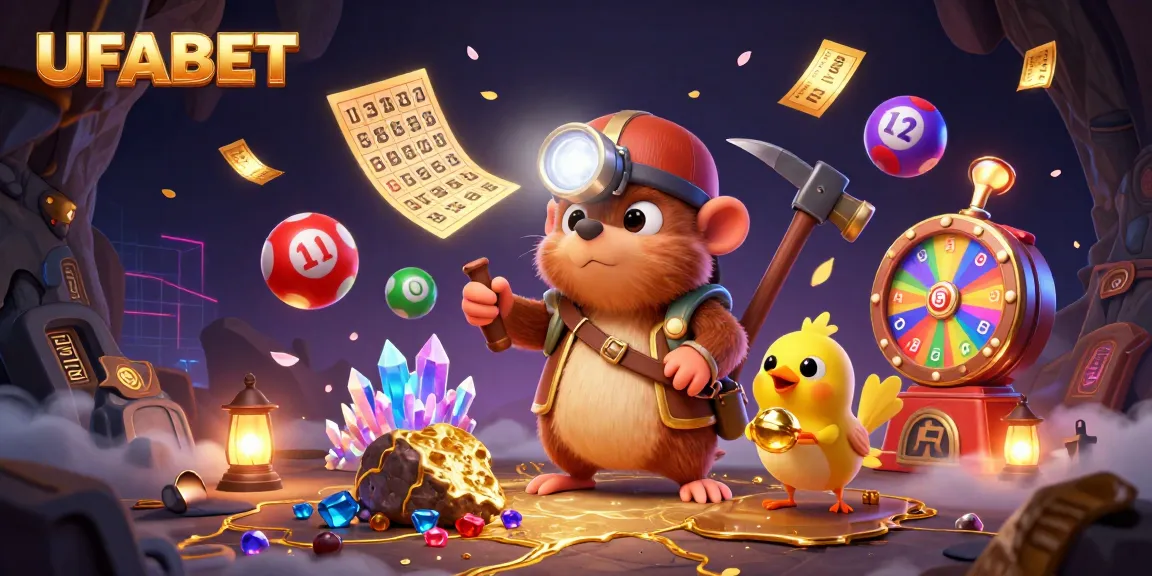 Engage with UFABET's thrilling online gaming experience featuring colorful lottery elements and a dynamic treasure scene.