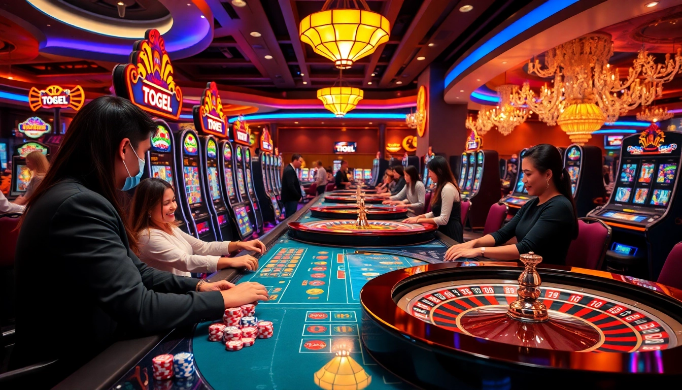 Para pemain Togelsumo merayakan kemenangan besar di meja kasino modern dengan mesin slot berwarna-warni.