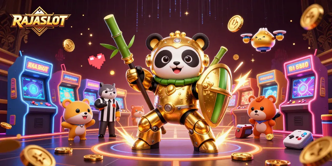 RAJASLOT menghadirkan kisah menarik dalam ilustrasi 3D warna-warni dengan karakter panda emas dalam robot bertarung.