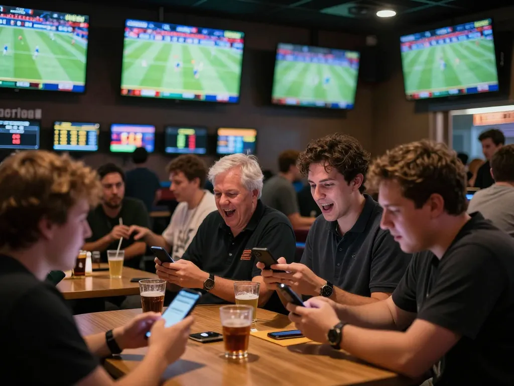 Excited fans engaging in sports betting on Jeetbuzz in a lively lounge setting, surrounded by screens showing live events.