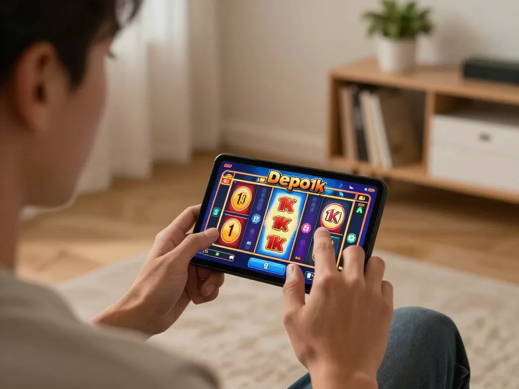 Engaging in slot depo 1k gameplay on a mobile device in a cozy home setting.