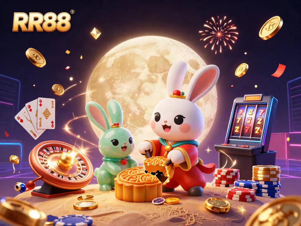 Experience thrilling casino fun with RR88's captivating illustration of a lunar casino adventure featuring vibrant characters and games.