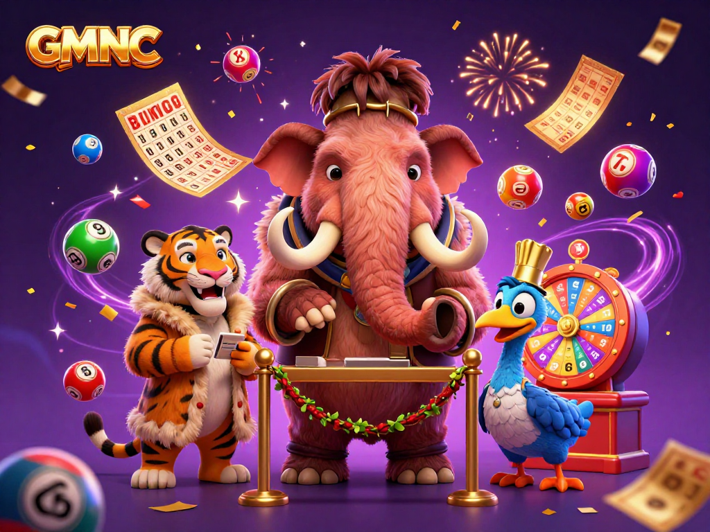 GMNC showcases a whimsical 3D casino scene with a woolly mammoth bouncer and vibrant lottery elements.