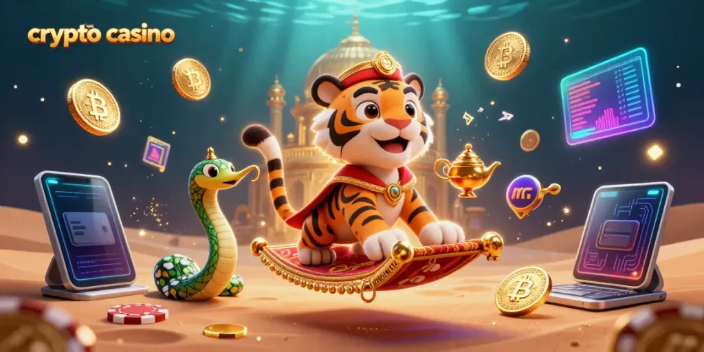 Engage in the vibrant world of a crypto casino featuring a tiger sultan and Bitcoin elements.
