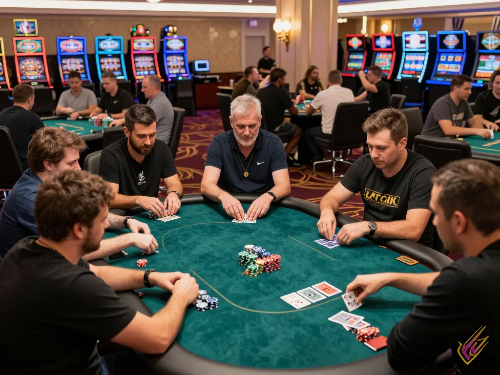 New York City Personal Injury Lawyer analyzes gameplay at a competitive poker table during a thrilling casino night