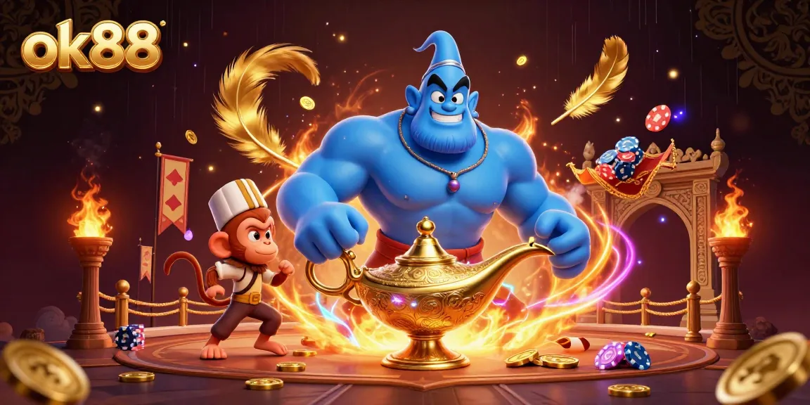 Engage in the thrilling action of ok88 with a genie and magic carpet flying poker chips amidst a rich gambling scene.