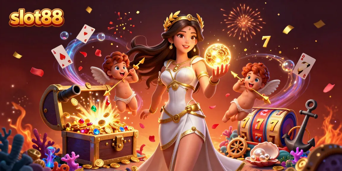 Experience the thrilling jackpot excitement of slot88 with vibrant visuals featuring a Grecian goddess and golden game elements.