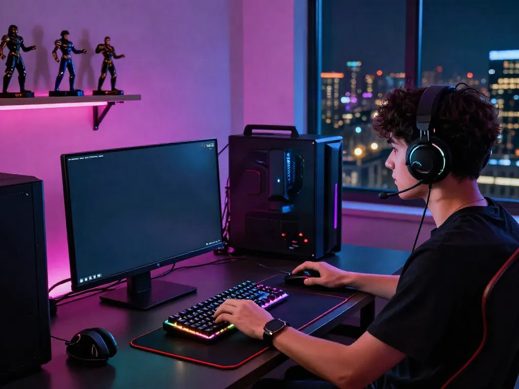 Engaged gamer playing togel online on a high-resolution setup with vibrant lighting.