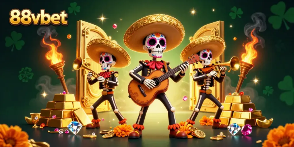 Engage with 88vbet's vibrant 3D casino scene showcasing mariachi skeletons amidst treasures and gold.