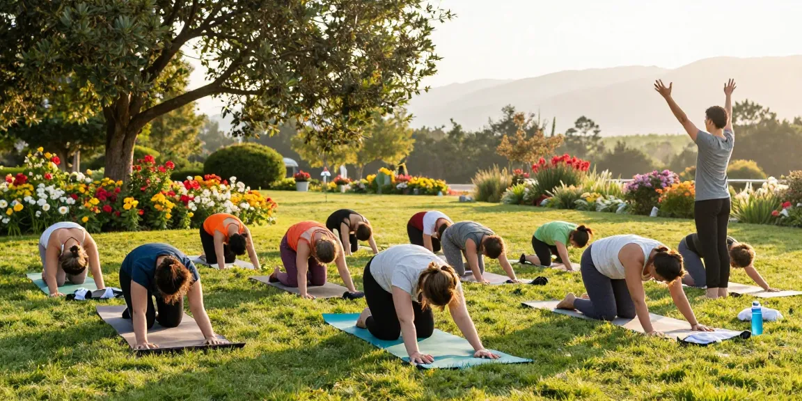 Health and wellness yoga class in serene outdoor setting promoting mindfulness and tranquility.