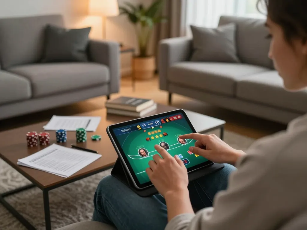 Engaging in ดูหนังออนไลน์ on a tablet, capturing the essence of comfortable home gaming and responsible entertainment