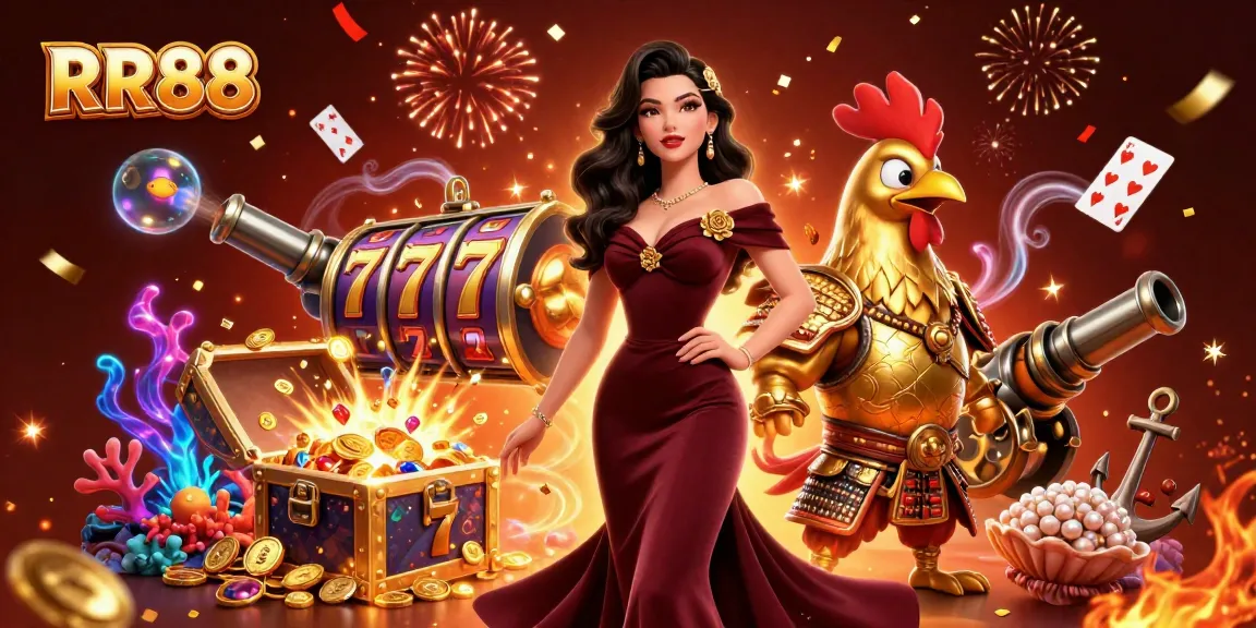Engage with the thrilling universe of RR88's vibrant casino games featuring a glamorous lady and a golden rooster warrior.