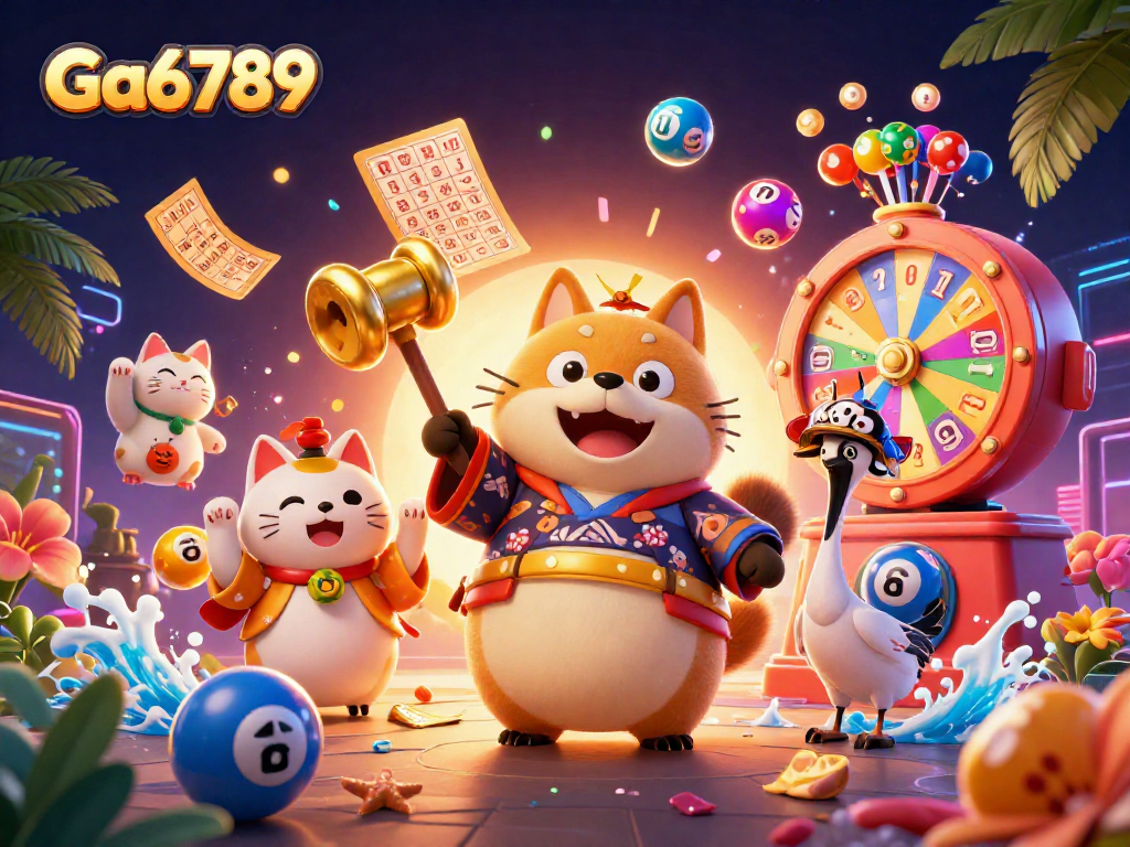 Experience Ga6789 with cheerful tanuki, lucky symbols, and vibrant lottery elements in this casino scene.