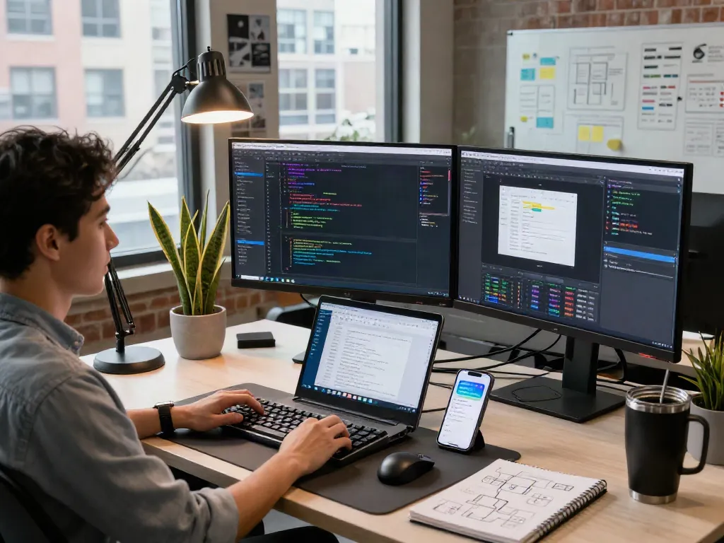 Pengembang menggunakan PGserver di ruang kerja modern dengan perangkat canggih.