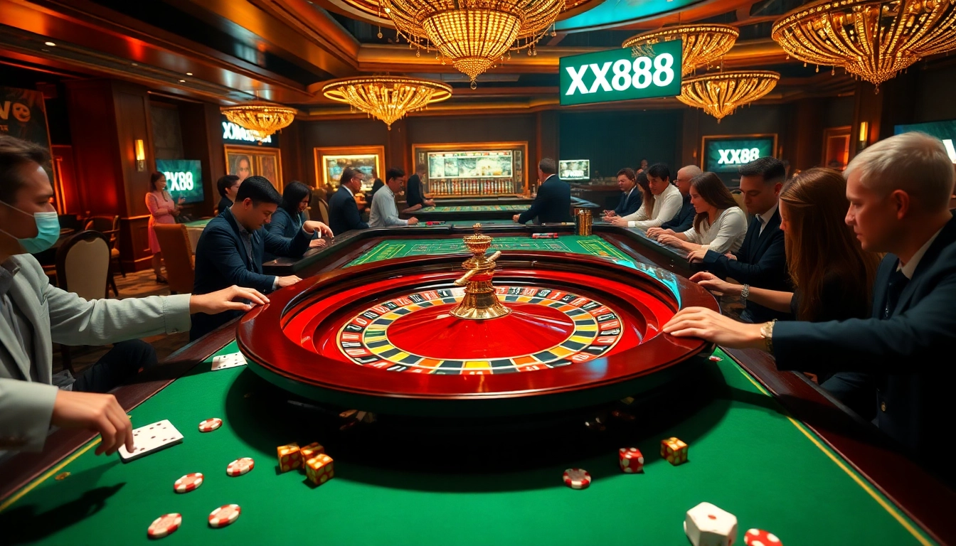 Players engaging with the exciting roulette table at XX88 casino, showcasing vibrant gaming atmosphere.