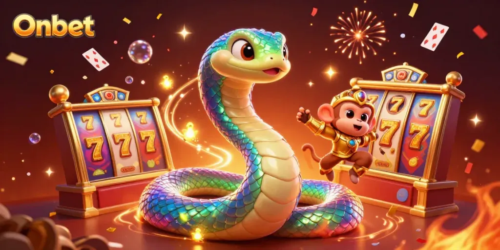 Engage with Onbet's vibrant casino world, featuring a playful monkey king and a colorful slot machine backdrop.