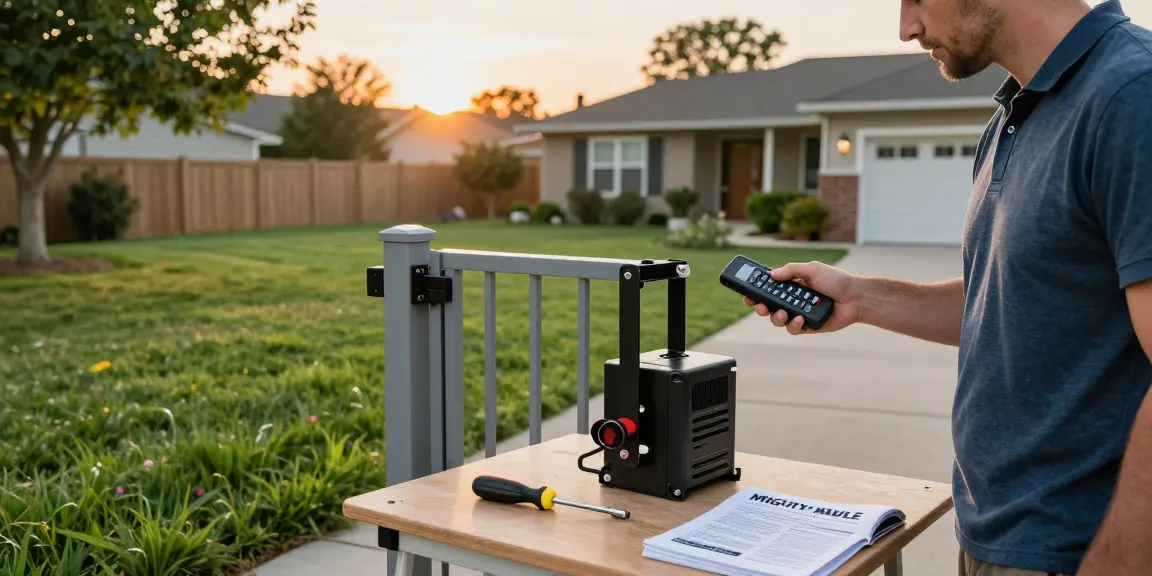 Mighty Mule gate opener troubleshooting scene with a homeowner inspecting the gate mechanism and using a remote controller.
