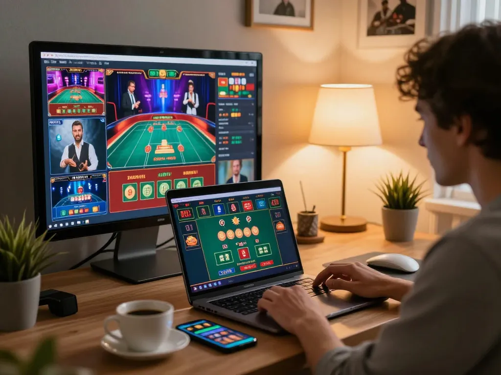 Player engaging with f8beta2 online casino games on multiple screens, showcasing strategic gameplay in a stylish home environment.