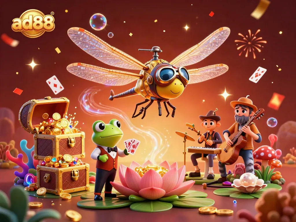 Experience thrilling action with ad88 in a vibrant 3D casino scene filled with dynamic characters and rich game elements.
