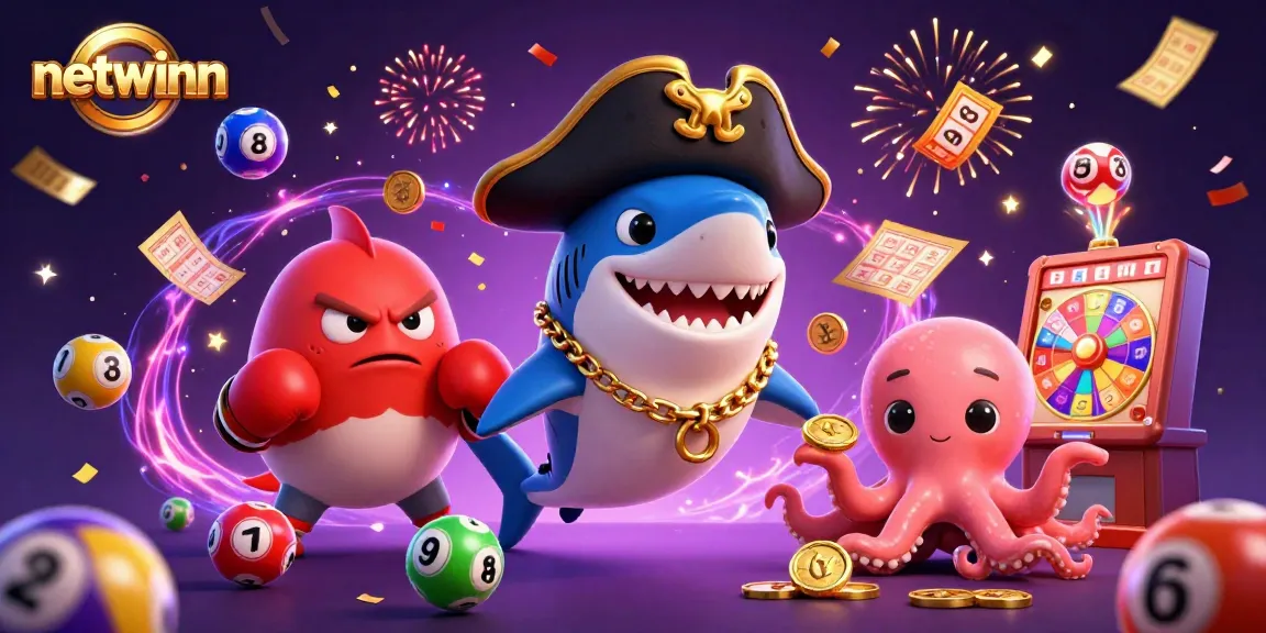 Engage with netwinn through a vibrant 3D illustration filled with lottery-themed excitement and animated characters.