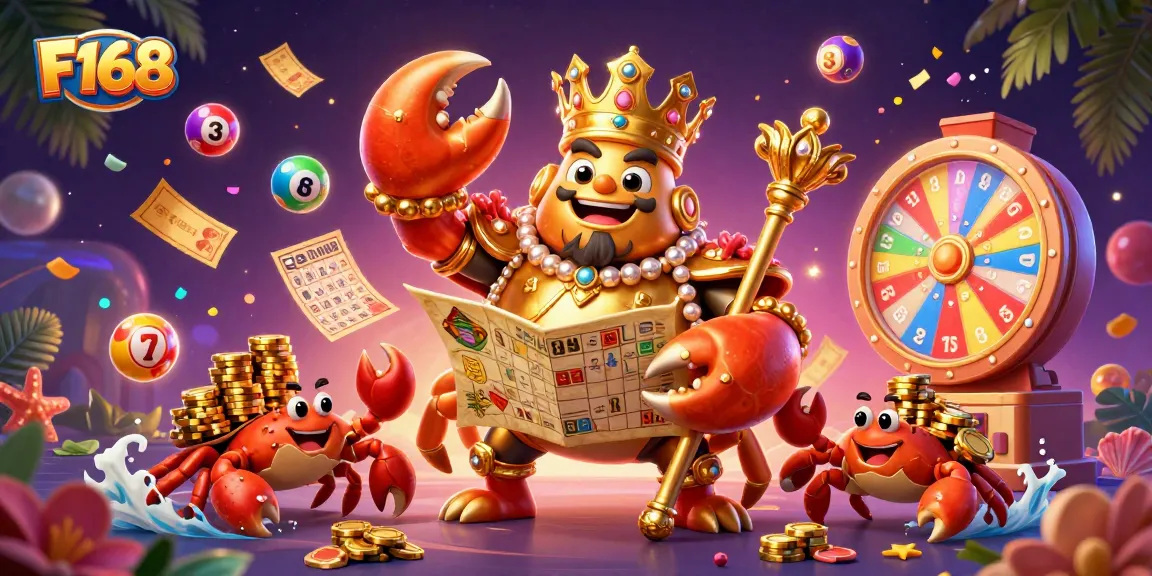 Join F168's thrilling gaming experience with a majestic crab emperor and exciting lottery action.