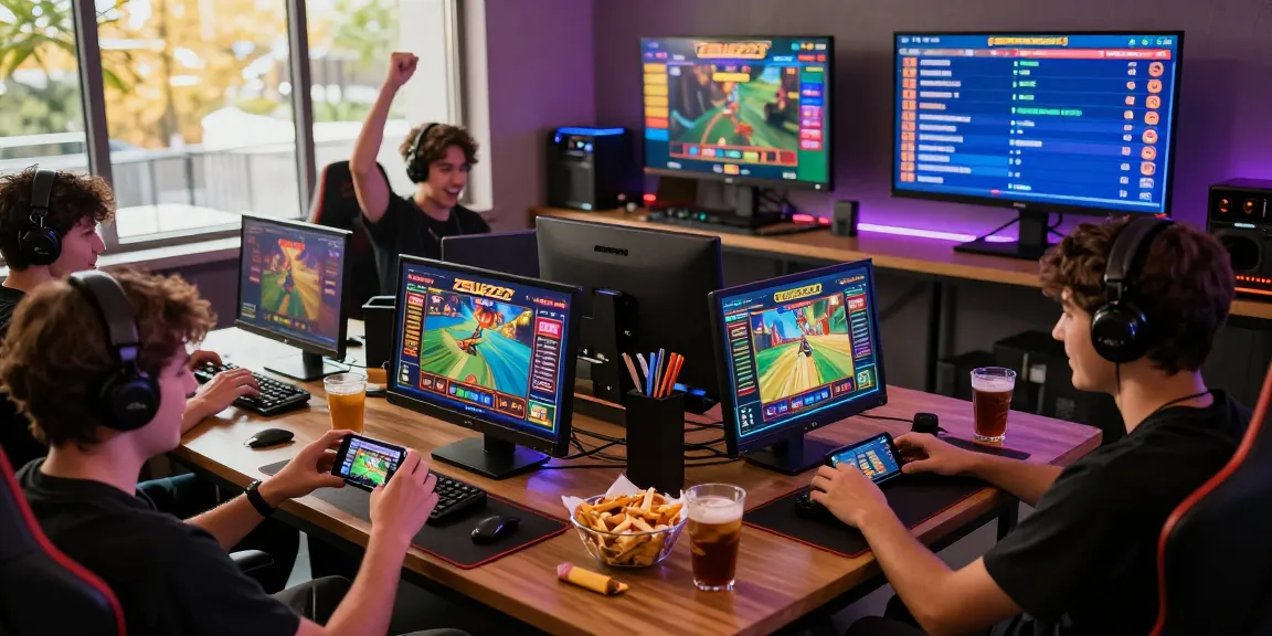 Players enjoying ZEUS222 online slots on various devices in a vibrant gaming lounge.