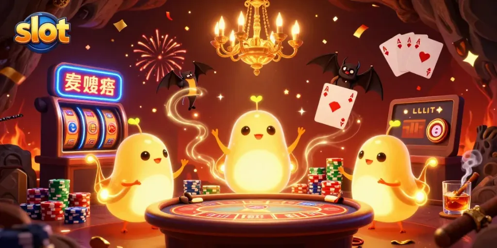 Experience slot excitement with vibrant glowworms illuminating a dynamic casino scene.