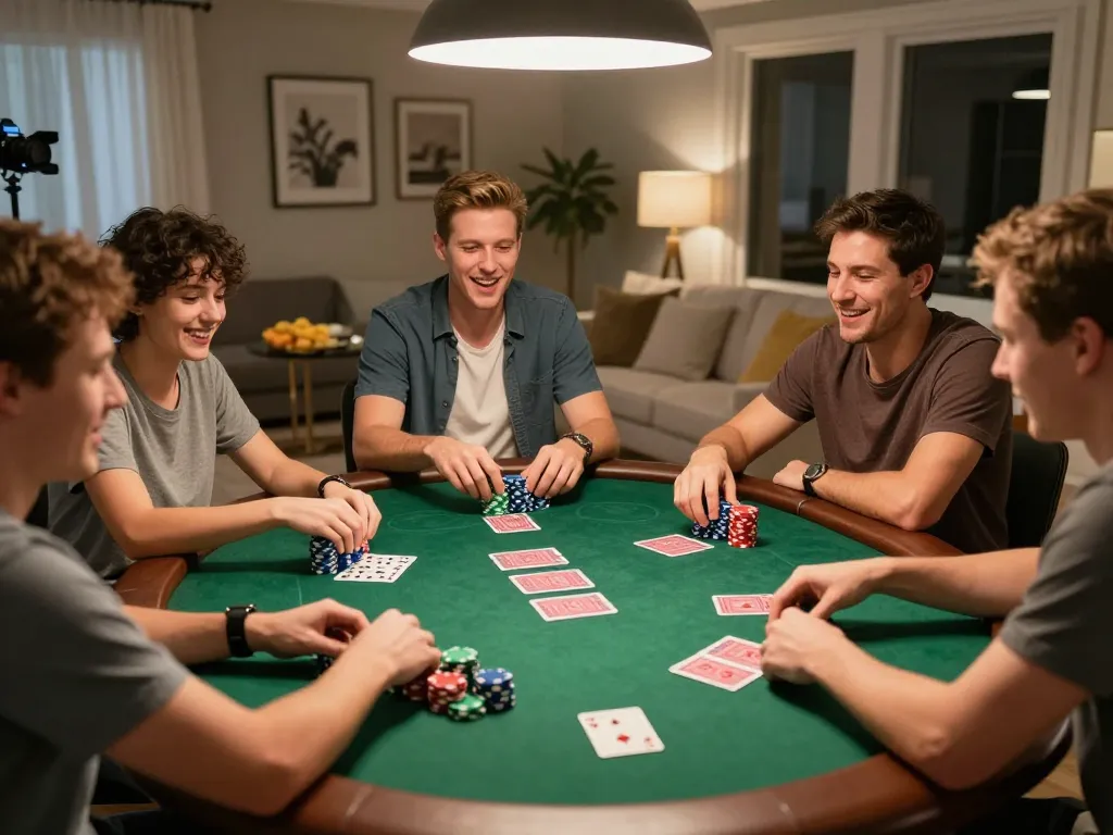 Engaged friends enjoying poker night at home reflecting the Thương Hiệu SC88 gaming experience.