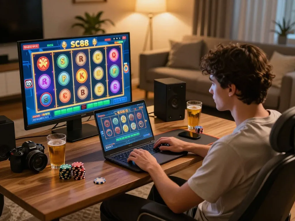 Engaged player enjoying SC88 slot game on laptop in cozy home environment