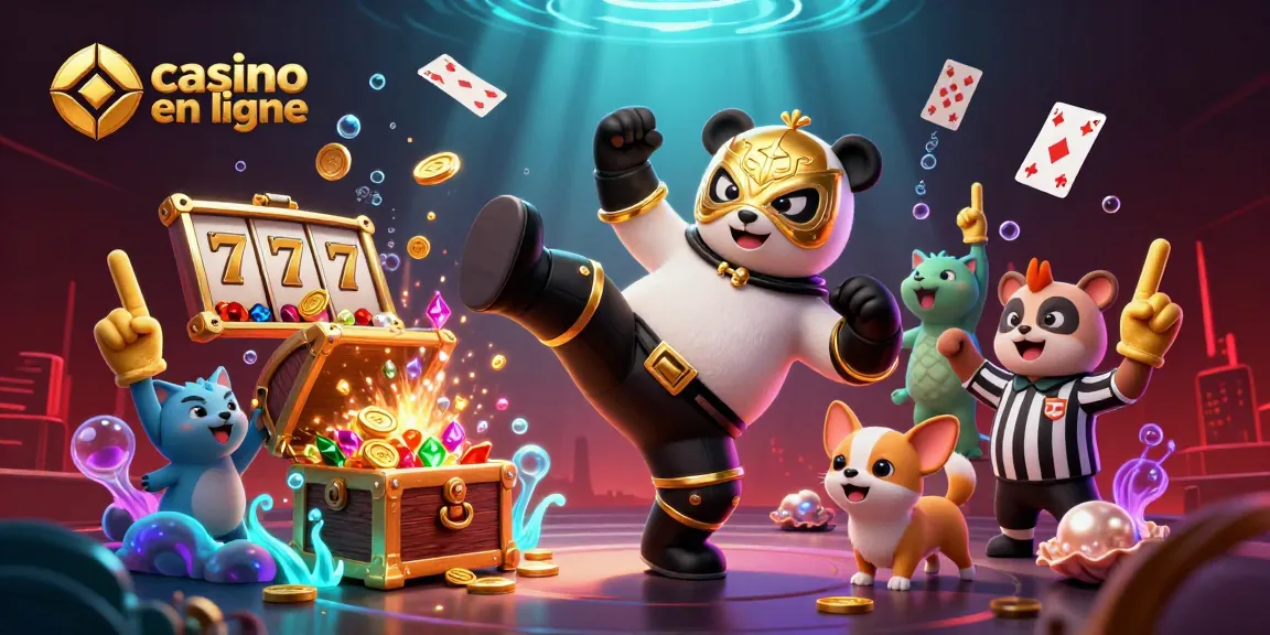 Casino en ligne : le panda lutteur effectue un coup de pied spectaculaire avec des spectateurs joyeux.