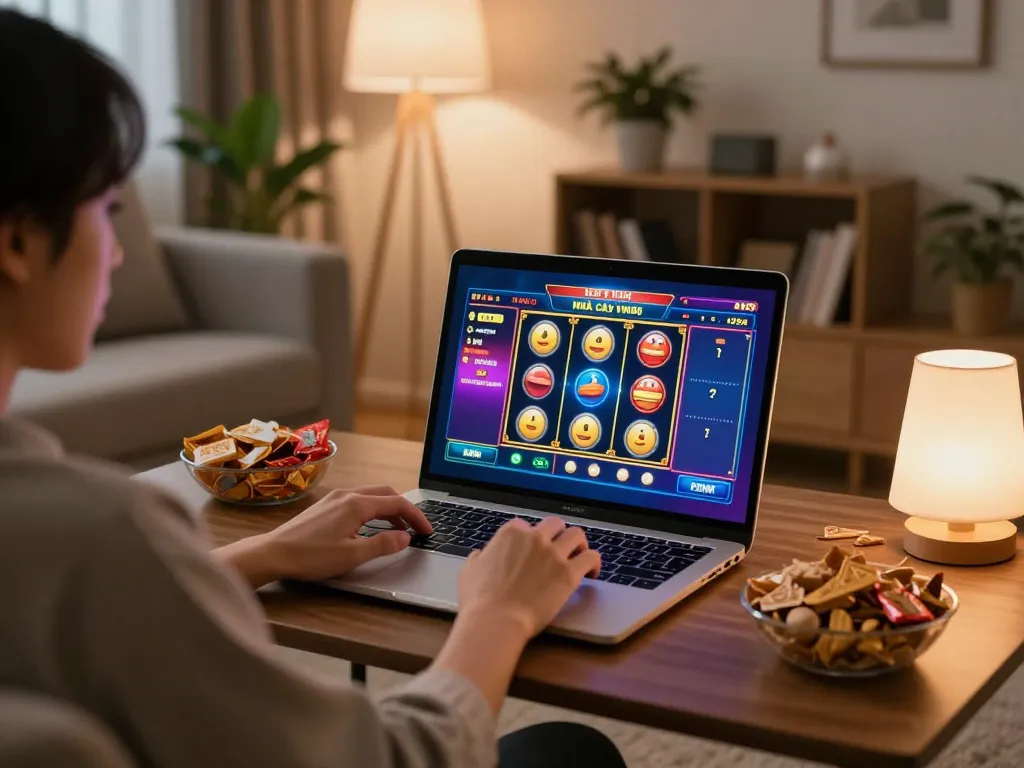 Player engaging in thrilling online slots at NHÀ CÁI VIN88 in a cozy home setting.