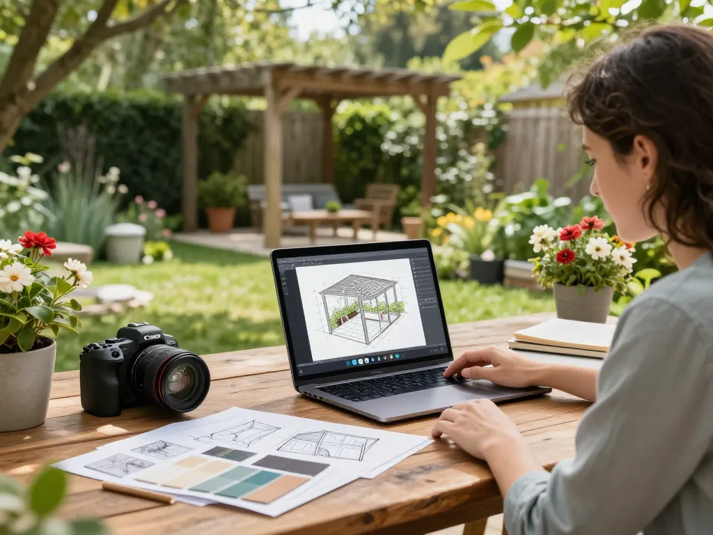 Logiciel configurateur pergola en action dans un espace de jardin avec une végétation vibrante.