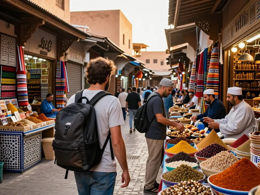 Vibrant scene of travelers exploring Marrakech with local street food, representing a premier morocco tour company experience.