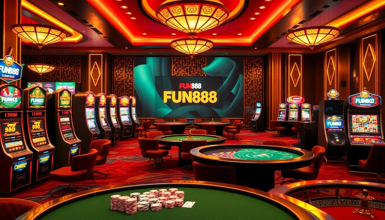 Fun88 casino scene with poker chips and vibrant slot machines showcasing an exciting gambling atmosphere.