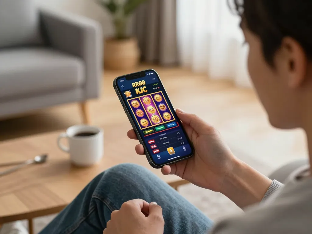 Engaging mobile gambling moment with RR88 KJC app on a smartphone, highlighting strategic play and responsible gaming.