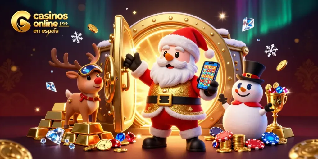 Santa Claus en un casino deslumbrante, mostrando juegos de "casinos online fiables en España".