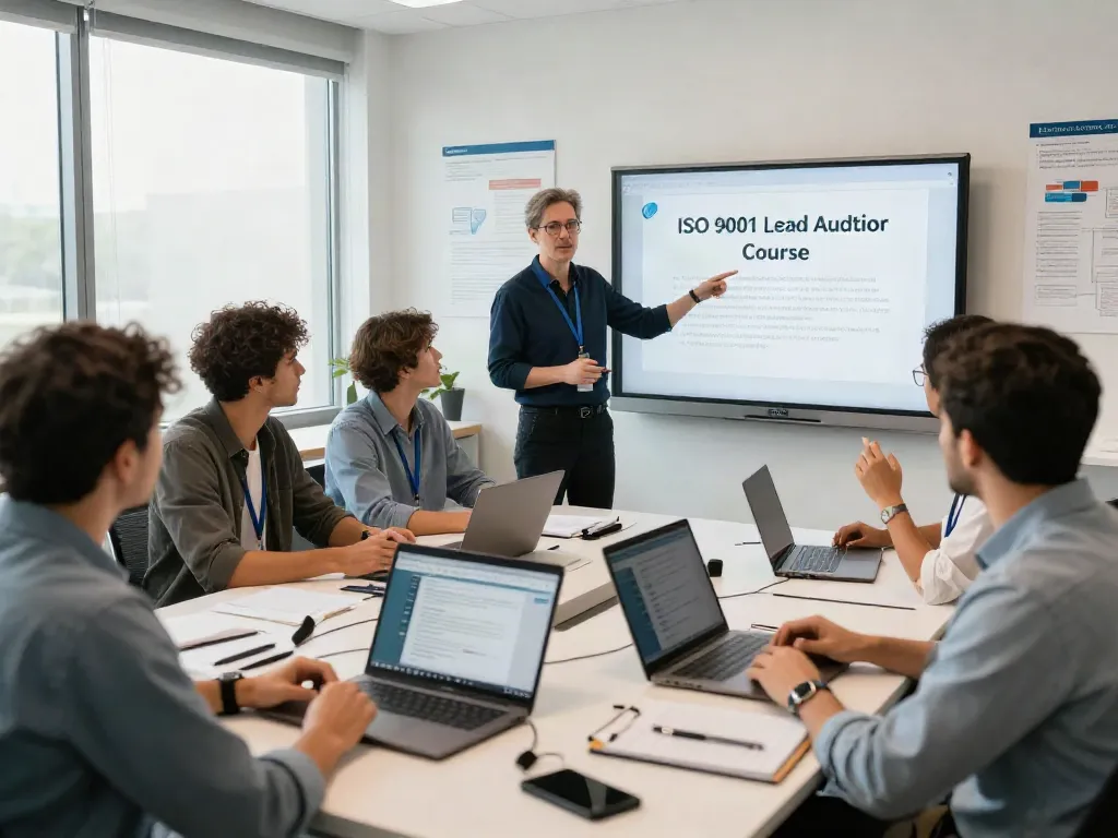 Participants in an ISO 9001 Lead Auditor Course actively learning and collaborating in a modern training setting.