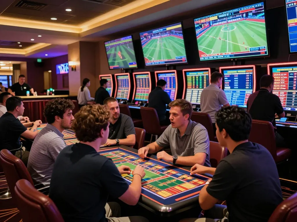Sports betting enthusiasts analyzing odds while placing wagers at a modern sportsbook, showcasing the Giới Thiệu Website in an engaging setup.