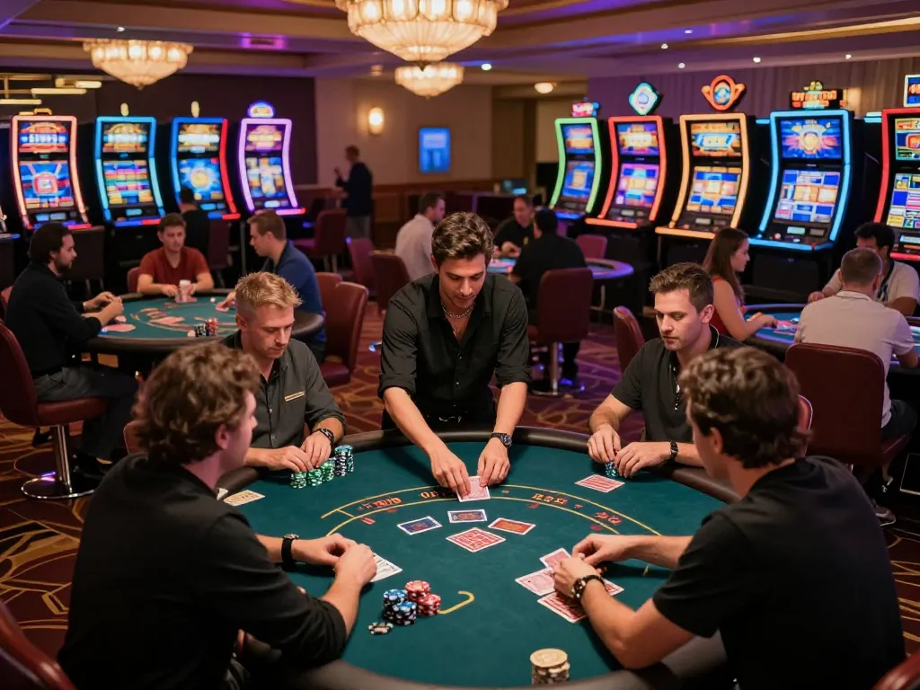 Players strategizing at the poker table while enjoying winstrike69 gaming experience in a vibrant casino atmosphere.
