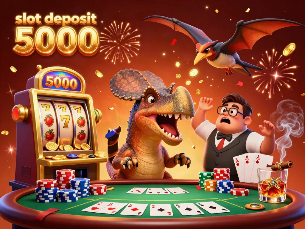 A colorful 3D scene showing a slot deposit 5000 theme with characters interacting and jackpot coins raining down.