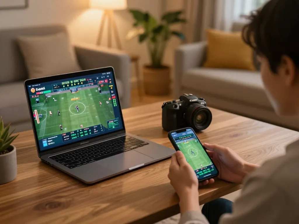 PHPVIP user actively placing bets on a smartphone while reviewing game statistics on a laptop, capturing responsible gaming.