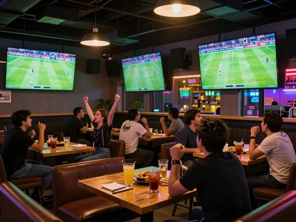Guests enjoying live soccer matches at https://cakhiatv.design/ in a lively sports bar atmosphere.