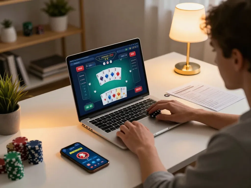Engaging poker gameplay with g28-t1 on laptop at cozy home setup, showing strategy notes and smartphone.