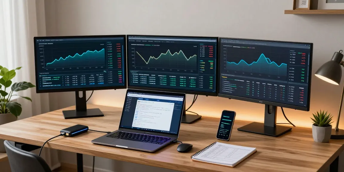Bitcoin mining company workspace with advanced tech setups, showcasing cryptocurrency execution and blockchain analytics.