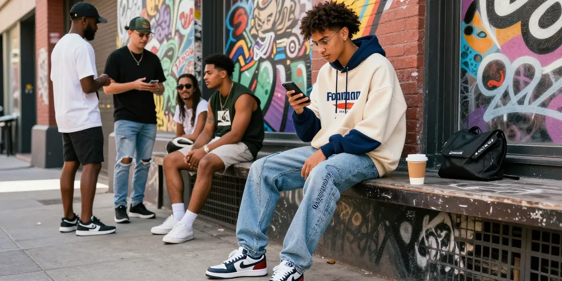 Fashionable individual in urban setting showcasing 레플리카 streetwear style, vibrant city backdrop, trendy outfit, and expressive lifestyle.