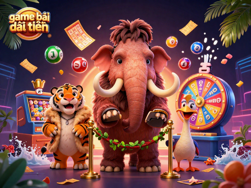 Play game bài đổi thưởng with vibrant lottery elements, colorful characters, and rich casino ambiance