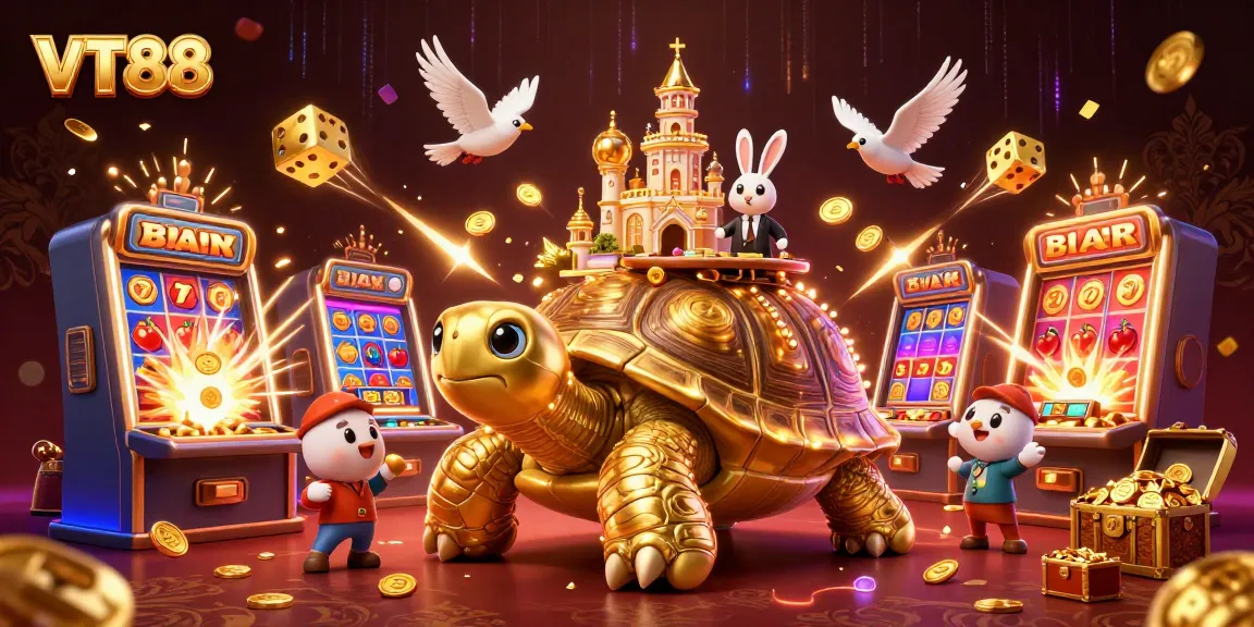 Experience excitement with VT88 in a vibrant casino scene filled with winning slots, golden coins, and a rabbit dealer.