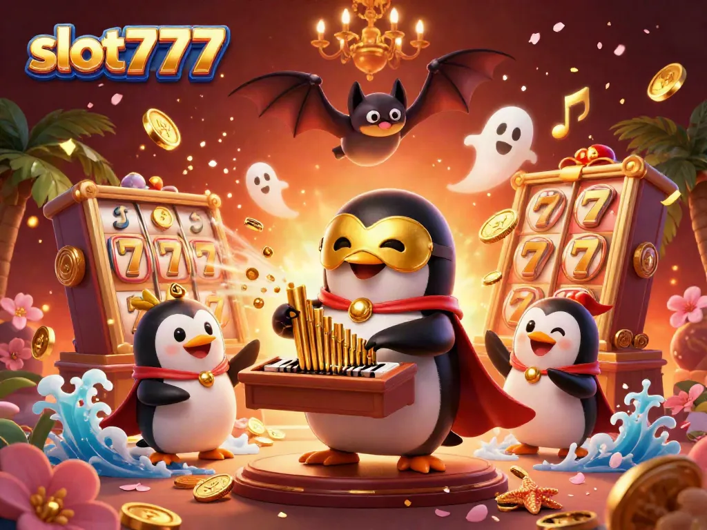 Mainkan slot777 dengan pesona kasino dan elemen keberuntungan yang kaya dalam ilustrasi 3D.